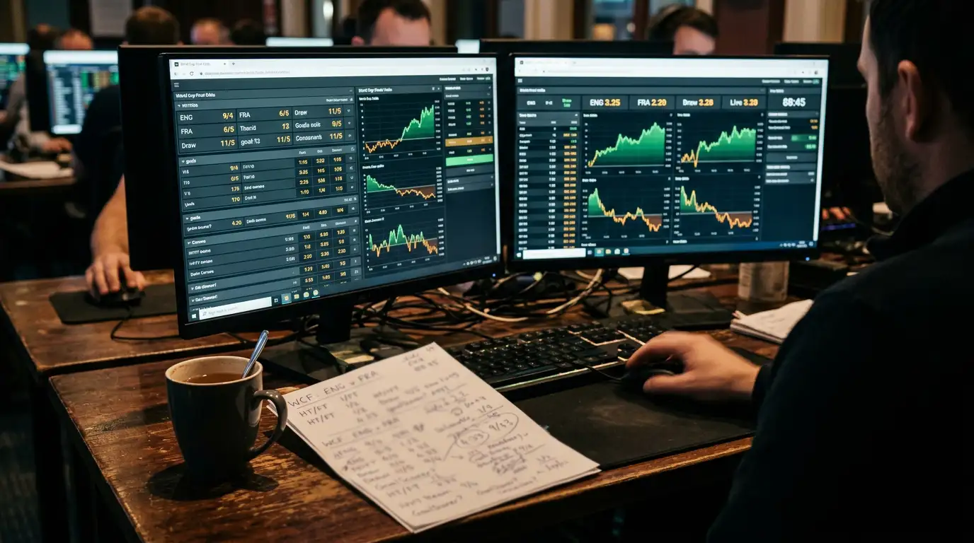 Sportsbook trading screens showing fractional and decimal World Cup odds by a half-time cup of tea