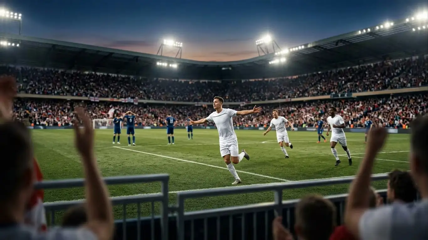 Bukayo Saka in a white England shirt celebrating a goal during the bronze final at a packed US stadium