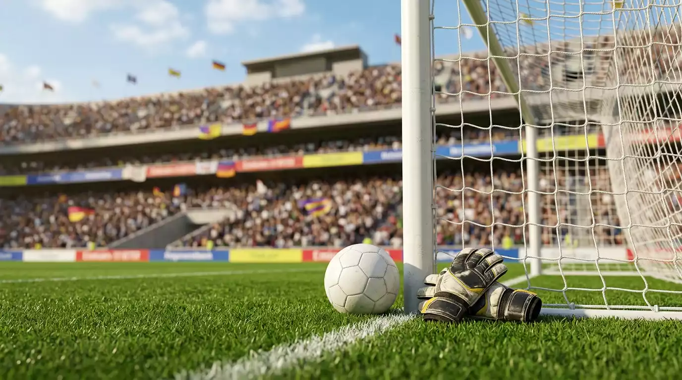 Goalkeeper's gloves and a football resting against a goalpost on a sunlit pitch
