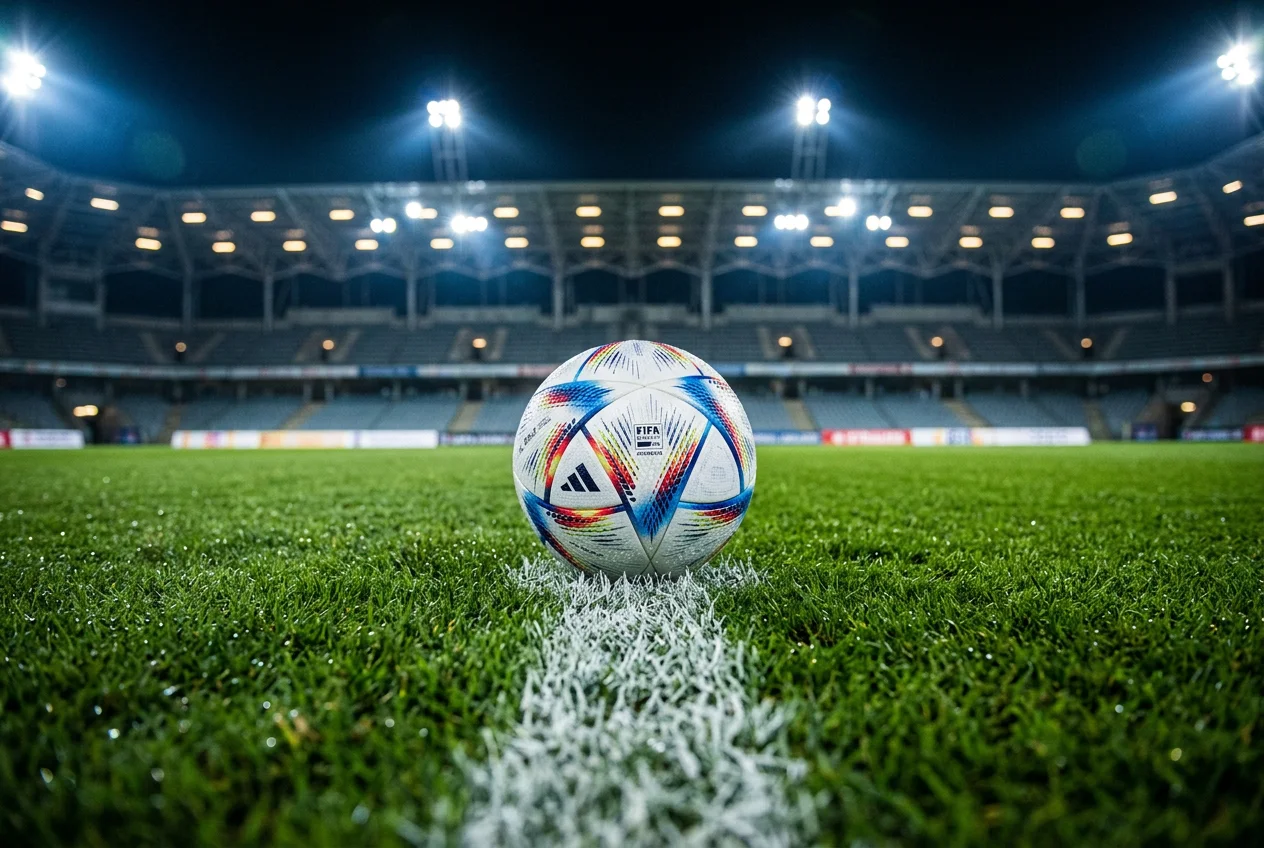 Close-up of a football on the centre circle of a floodlit pitch before a night kick-off