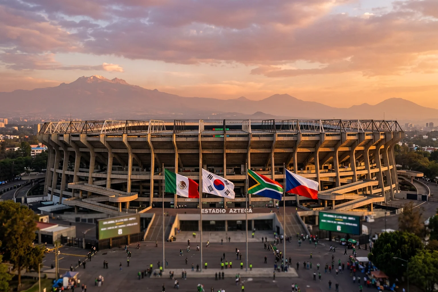 World Cup 2026 Group A preview with Mexico, South Korea, South Africa and Czechia flags at Estadio Azteca
