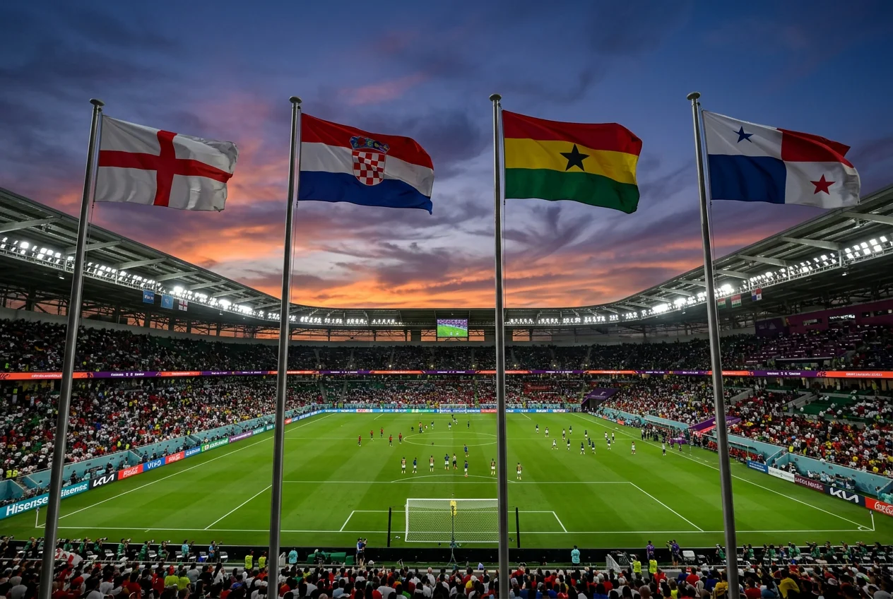 World Cup 2026 Group L preview featuring England, Croatia, Ghana and Panama flags with tournament branding