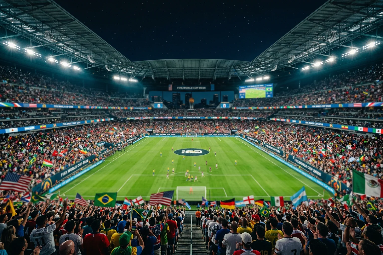 Panoramic view of a packed football stadium under floodlights before a World Cup 2026 night match
