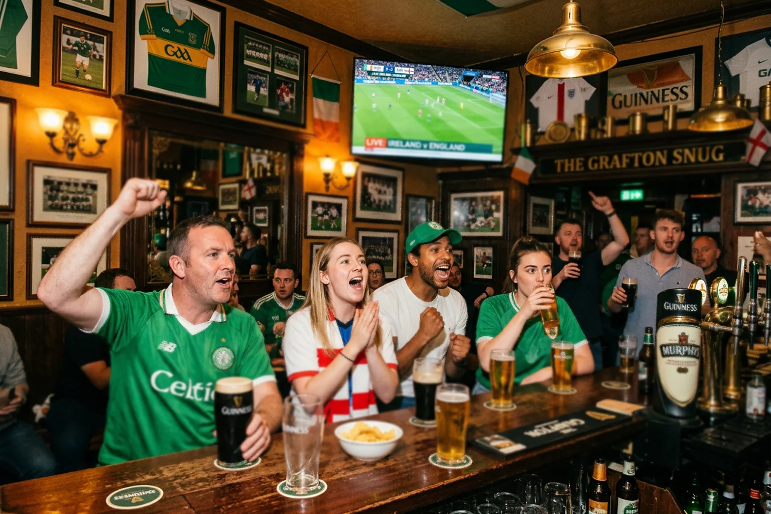 Fans in a traditional Irish pub watching a football match on a large screen during a night viewing session