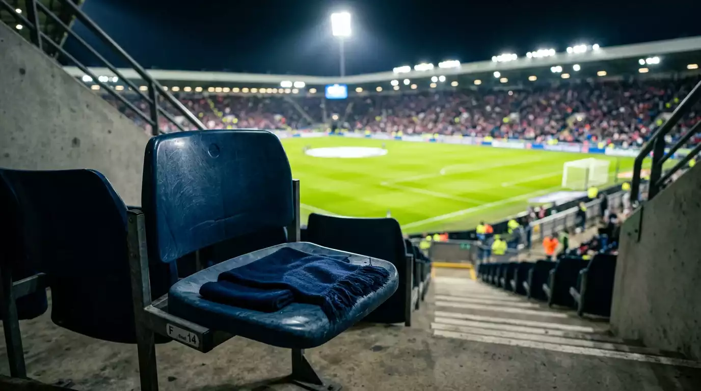 A Scotland-blue scarf draped over a stadium seat with a floodlit pitch in the background