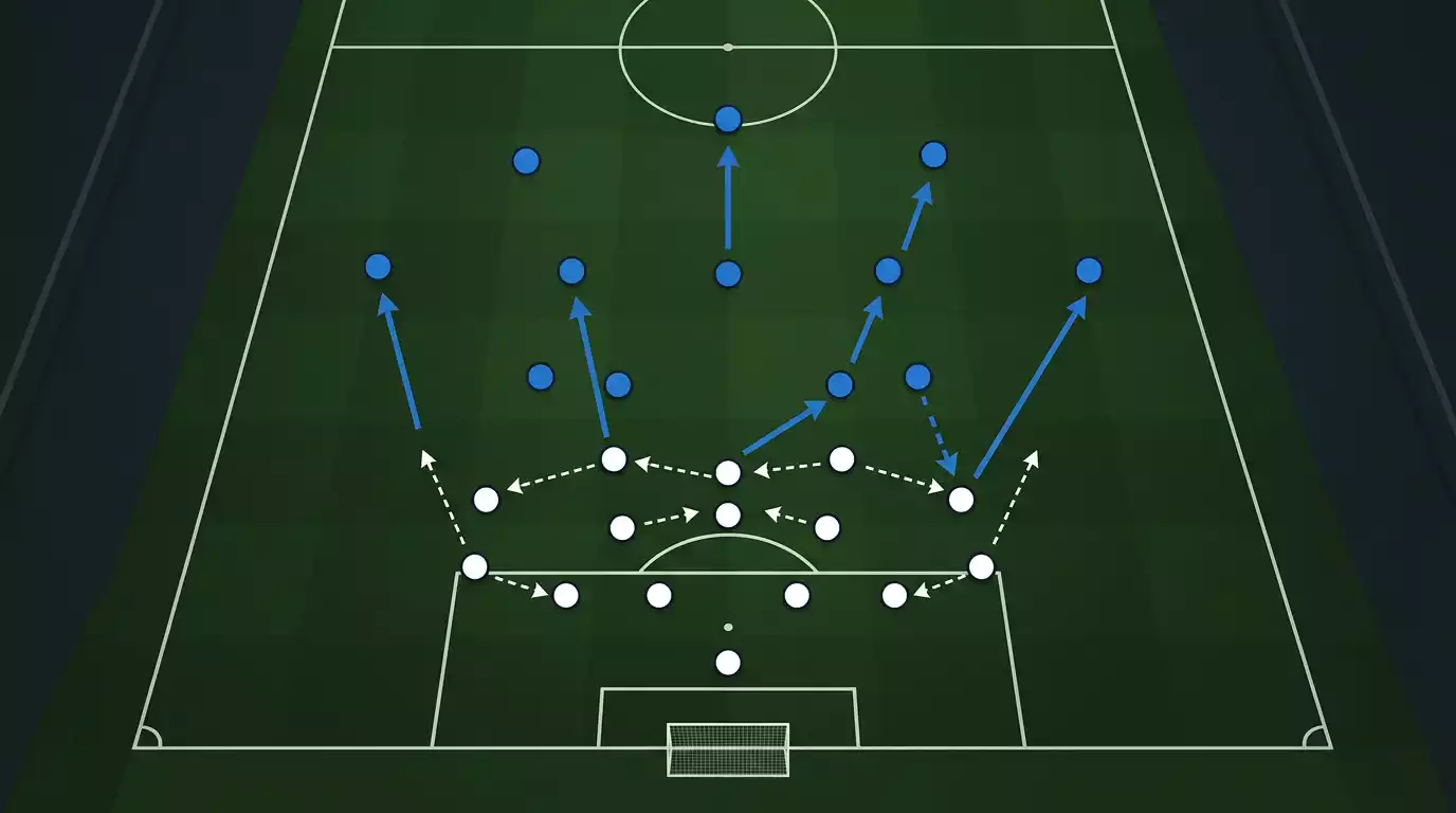 A football tactics board showing a deep defensive block formation against an attacking side