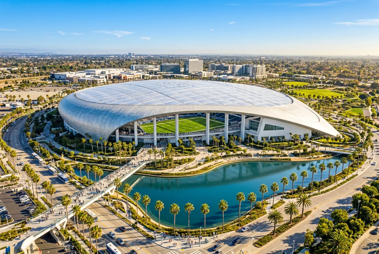 SoFi Stadium in Inglewood Los Angeles, a 2026 World Cup venue with its distinctive canopy roof