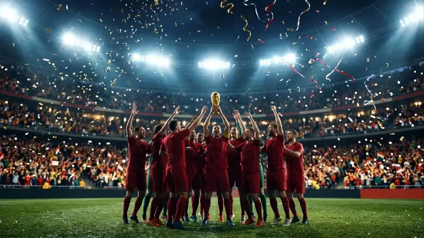 Spain players in red shirts lift the World Cup trophy at MetLife Stadium as confetti falls at full-time