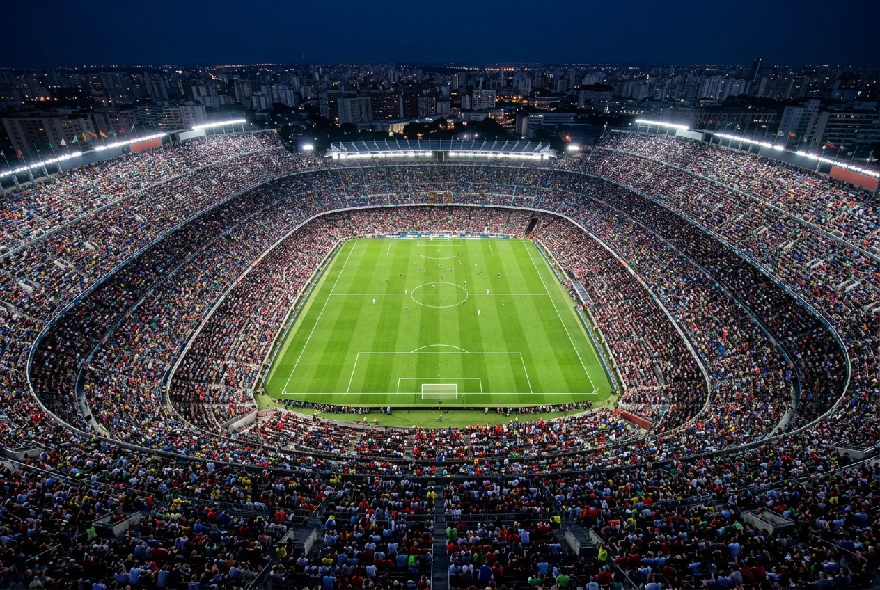 Aerial view of a packed American football stadium converted for a World Cup match with green pitch and colourful crowd at night