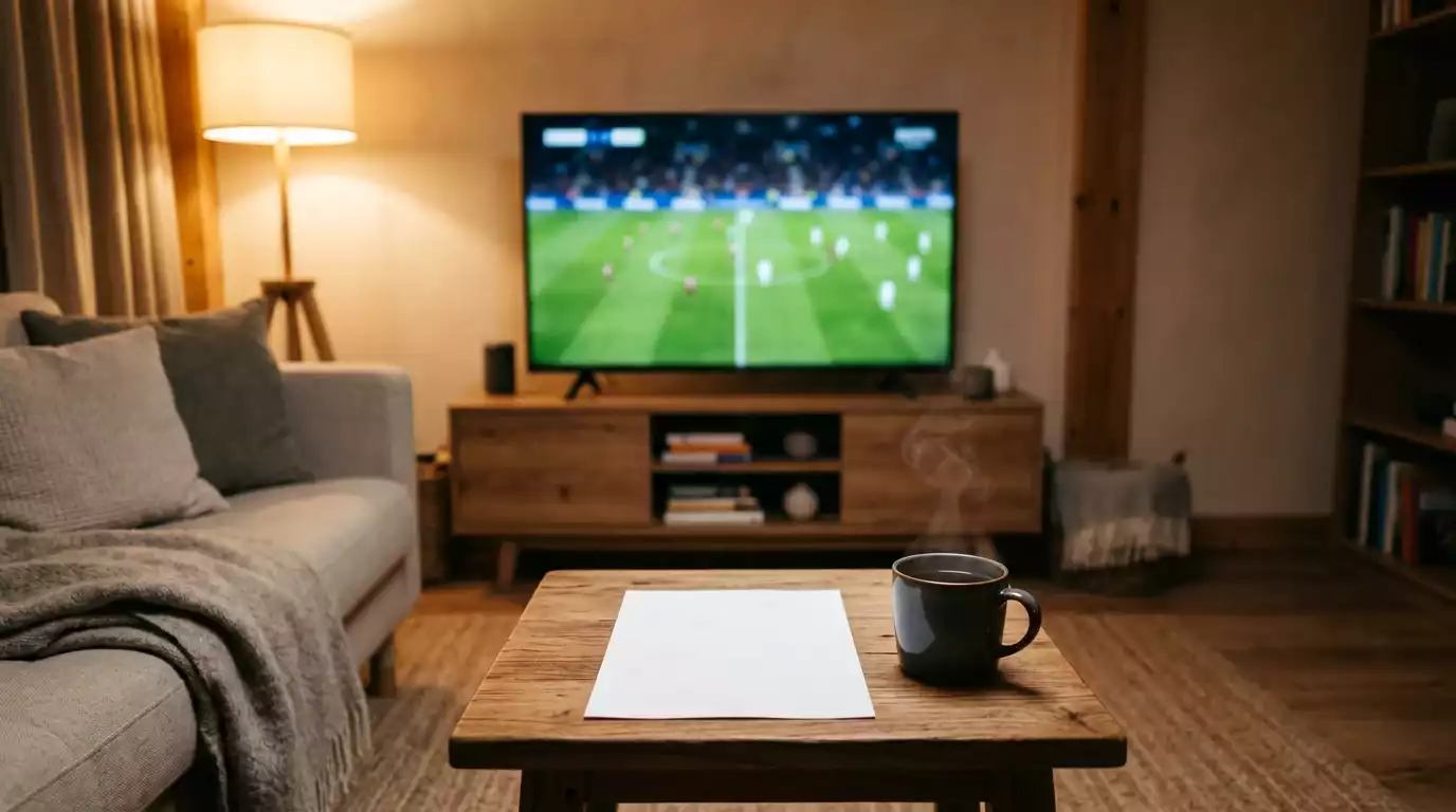 Sofa-level view of a football match on a television with a betting slip and a cup of tea on the table