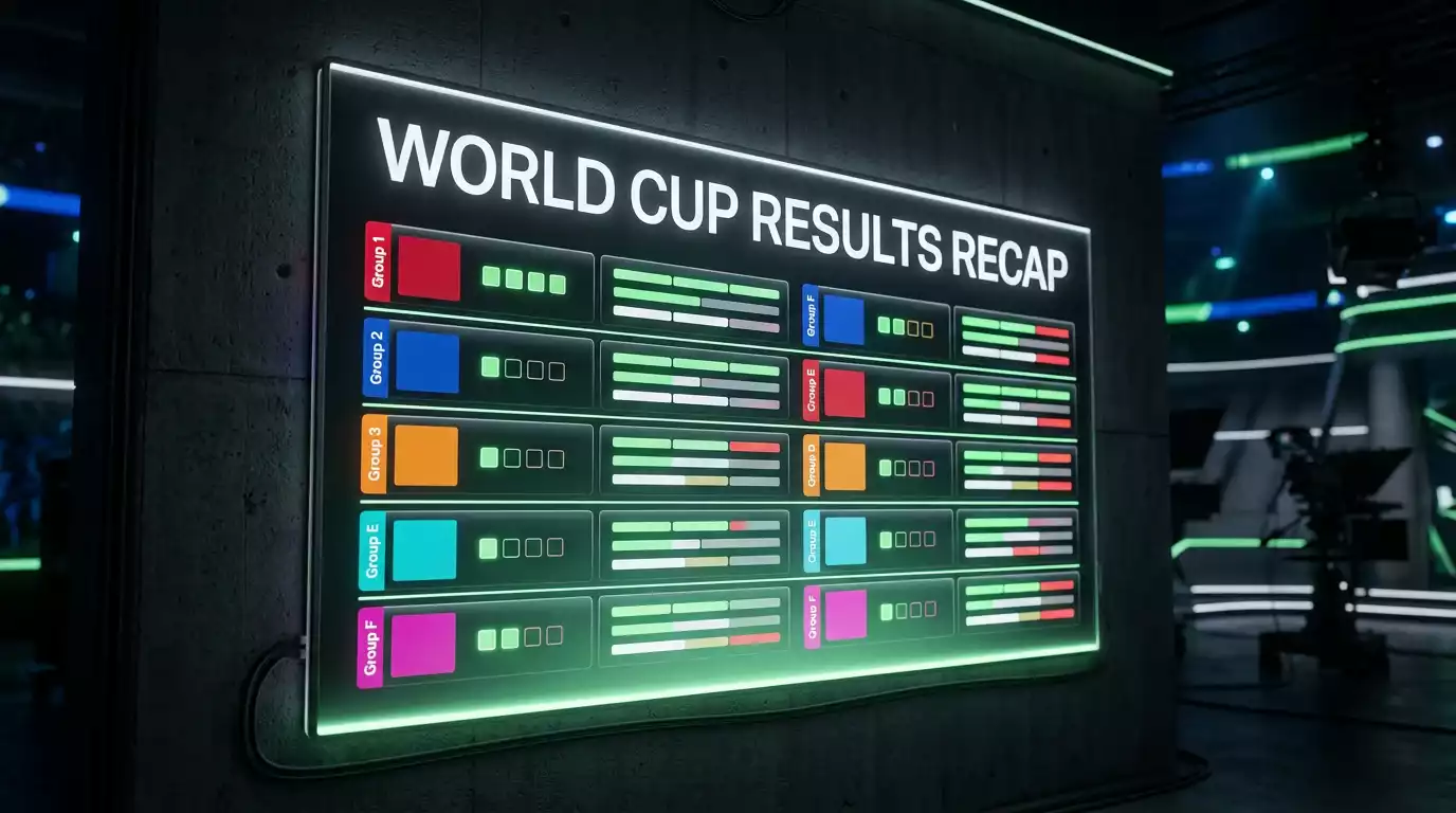 Stylised World Cup 2026 group-stage results board glowing on a dark wall with green accent lighting