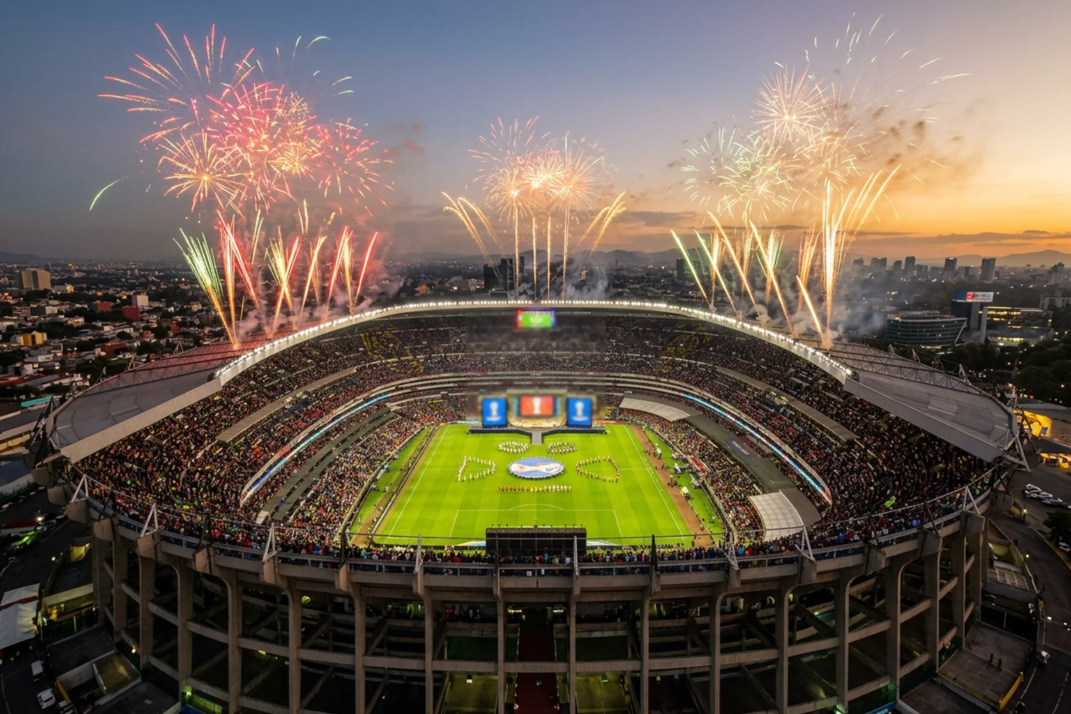 Estadio Azteca in Mexico City lit up with fireworks during a World Cup opening ceremony at dusk