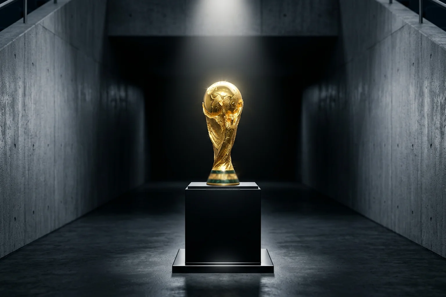 The FIFA World Cup trophy gleaming under spotlight on a pedestal inside a modern stadium tunnel